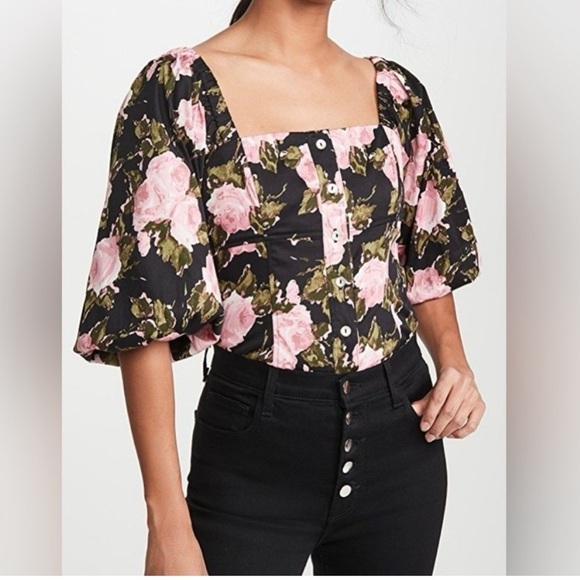 WAYF Floral Puff Sleeve Square Neck 3/4 Sleeve Blouse size small - Picture 1 of 7
